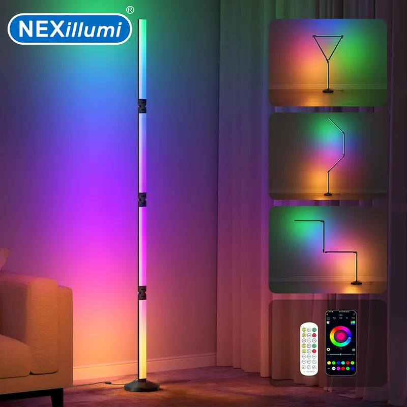 OUTON Smart Foldable LED Floor Lamp RGBICWW, 24W 2600LM, Wi-Fi APP Remote Control,Alexa & Google Home Voice Control,Music Sync,16 Million DIY Colors,Corner Standing Lamp for Living Room Bedroom Gaming