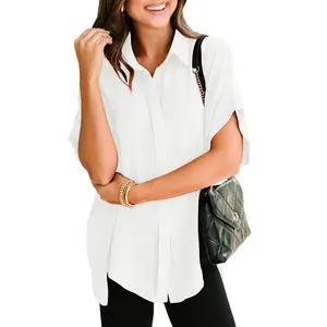 Dokotoo White Women's Tops Dressy Casual V Neck Button Down Shirts Solid Short Sleeve Blouses Oversized Fit Batwing Collared Baggy Minimalist Style