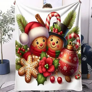 Christmas Multi - Element Flannel Blanket Gingerbread Man, Snowman, Penguin, Christmas Decor, for Bedroom Throw, Sofa Leisure Blanket, Christmas Decor Blanket, Camping Warm Blanket, Kids' Room Soft Decor Blanket, for Kids, Couples, Family, Friends