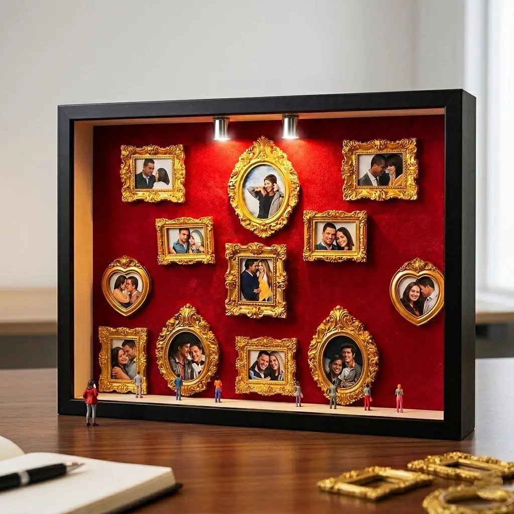 DIY Mini Museum Shadow Box Photo Frame Kit - 11 Mini Frames, 8 Random Figurines, Spotlights, Wooden Keepsake Resin Ornaments, Adhesive, 8.94×12.36×1.46in Lighted Home Decor for Collectibles, Nostalgic Photos, Room Art, Holiday Gifts, Resin Ornament Set, F
