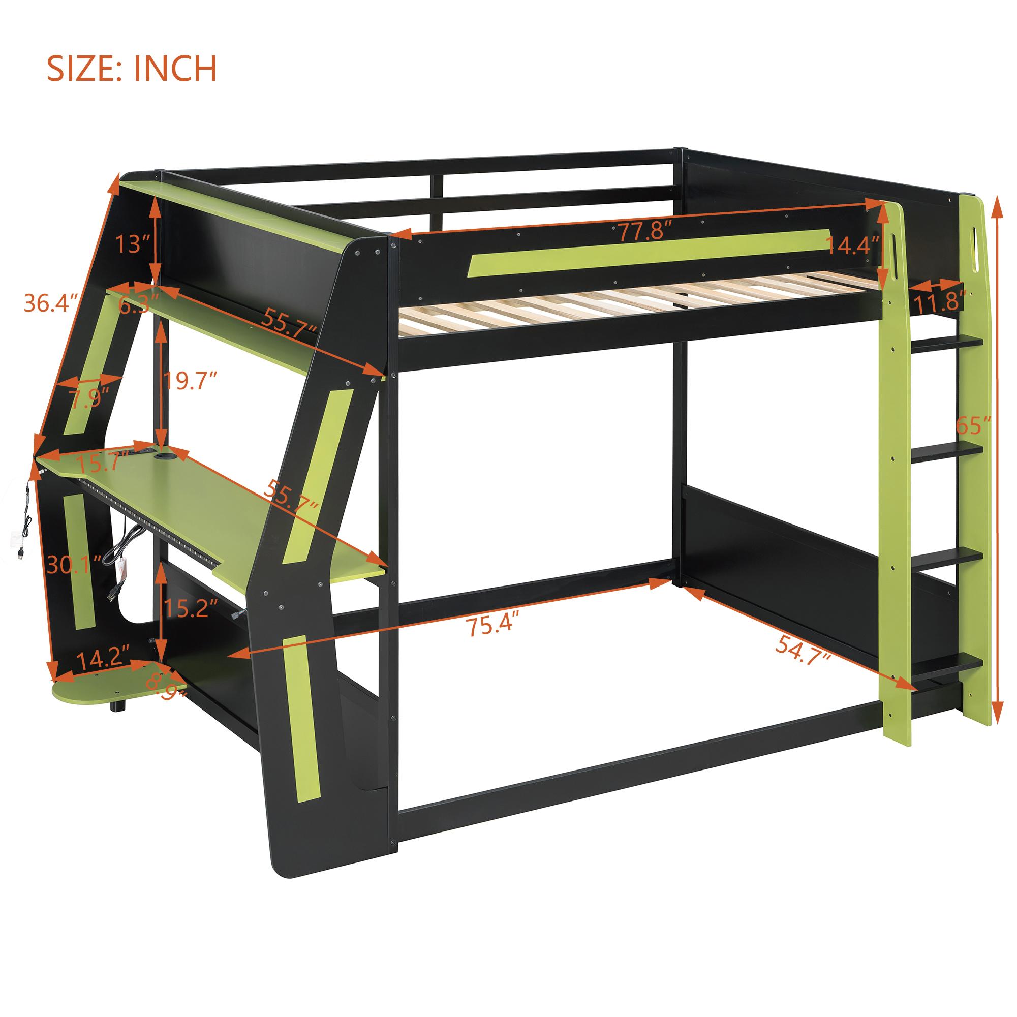 Full Size Gaming Bunk Bed Frame with Side-Mounted Oversized RGB Desk, Wood Bunk Bed Frame with USB Charging Ports & Cable Grommet, Heavy-Duty Esports Gaming Loft Frame (Green, Full)
