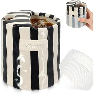 10oz Ceramic Coffee Mug with Sip Hole &  Sleeve, Cute Novelty Hand-Painted Striped Porcelain, Microwave & Dishwasher Safe,  for Coffee Lover - Black