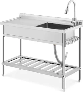 Freestanding Stainless Steel Utility Sink with Workbench, Hot Cold Faucet, Undershelf, S-Hooks, Knife Holder – Commercial Prep Sink for Kitchen, Laundry, Garage, Outdoor Use