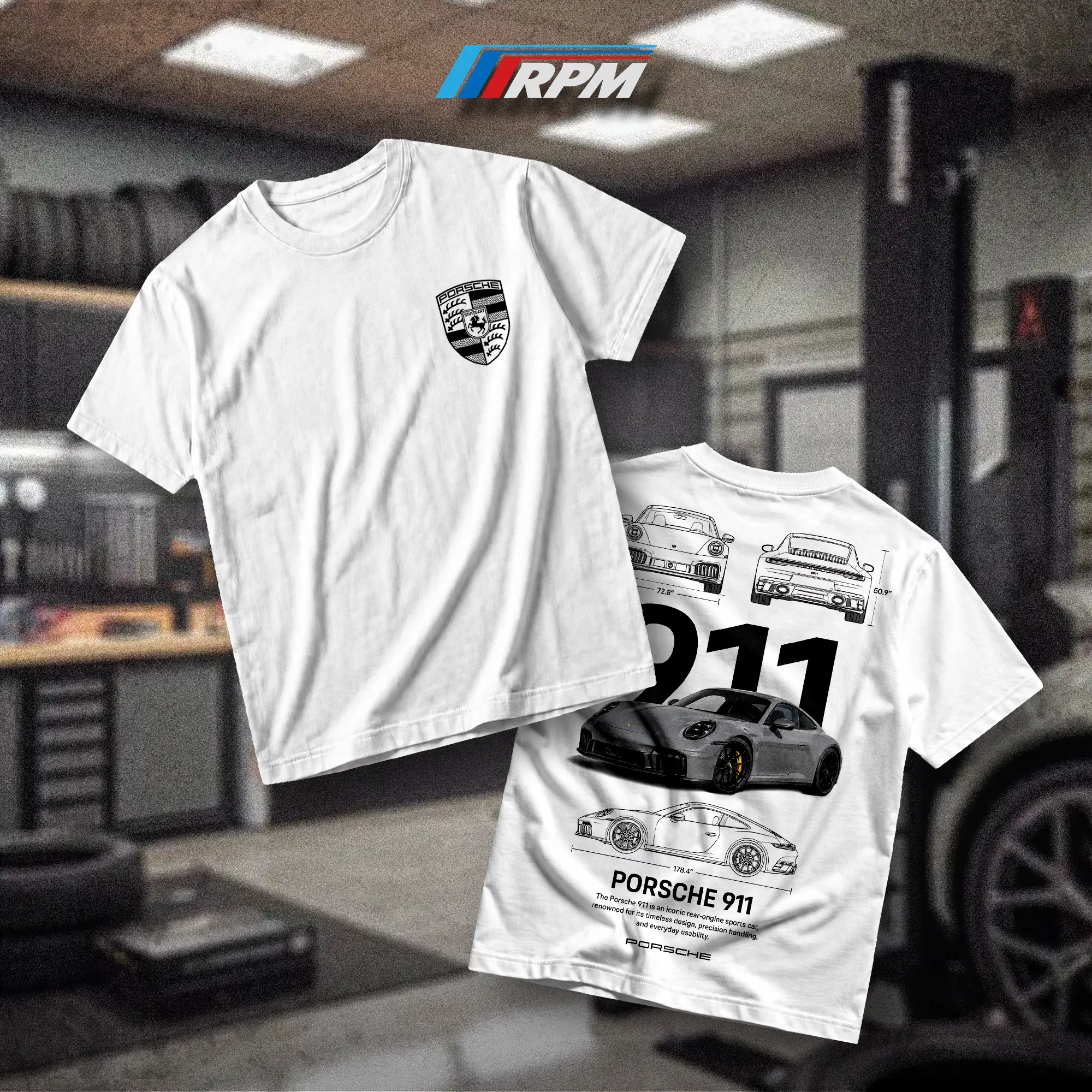 RPM Lab Porsche 911 Stuttgart Heavy Cotton T-Shirt Direct-To-Garment Breathable Printing Car Lover Hoodie Menswear Apparel Gift For Husband Gift For Men
