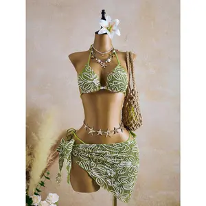 3pcs Green Base White Striped Floral Special Fabric Halter Backless Women Swimsuit Set, Spring/Summer