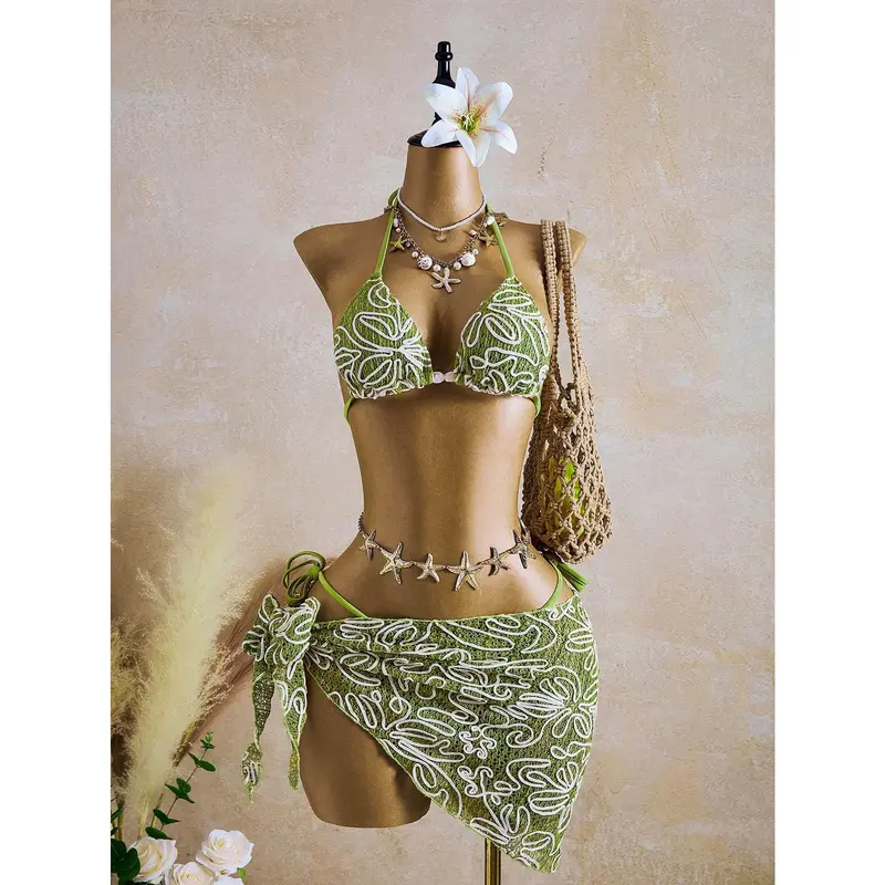 DealsForYouDays 3pcs Green Base White Striped Floral Special Fabric Halter Backless Women Swimsuit Set, Spring/Summer