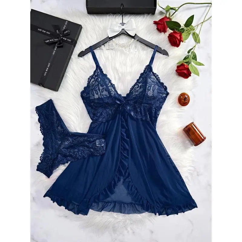 Women's Contrast Lace Ruffle Trim Wrap Cami Nightdress & Bow Front Panty  Set, Adjustable Spaghetti Strap Backless Nightgown & Knicker Set, Ladies  Nightwear - TikTok Shop