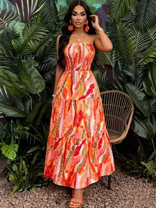 A women's orange-red color-block tropical floral print strapless tube long fashionable dress, suitable for summer, island vacations, tropical trips, and summer parties.