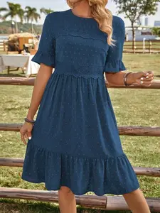 Solid Color Lace Contrast Dress - Vacation Leisure - Elegant Daywear