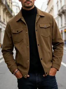 Men's Corduroy Work Jacket, Button Front with Snap Closure, Dual Pockets Design, Durable Fabric, Casual Spring & Fall Wear