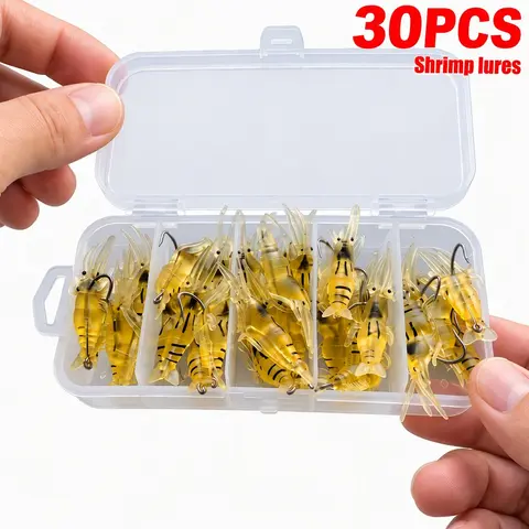 30Pcs Pre-Rigged Artificial Fishing Lure Set, 1.6" Bite-Size & 1.7" Micro Plastic Tiger Shrimp Baits with Tackle Box, Dependable Drop and Swim Action for Crappie Bass