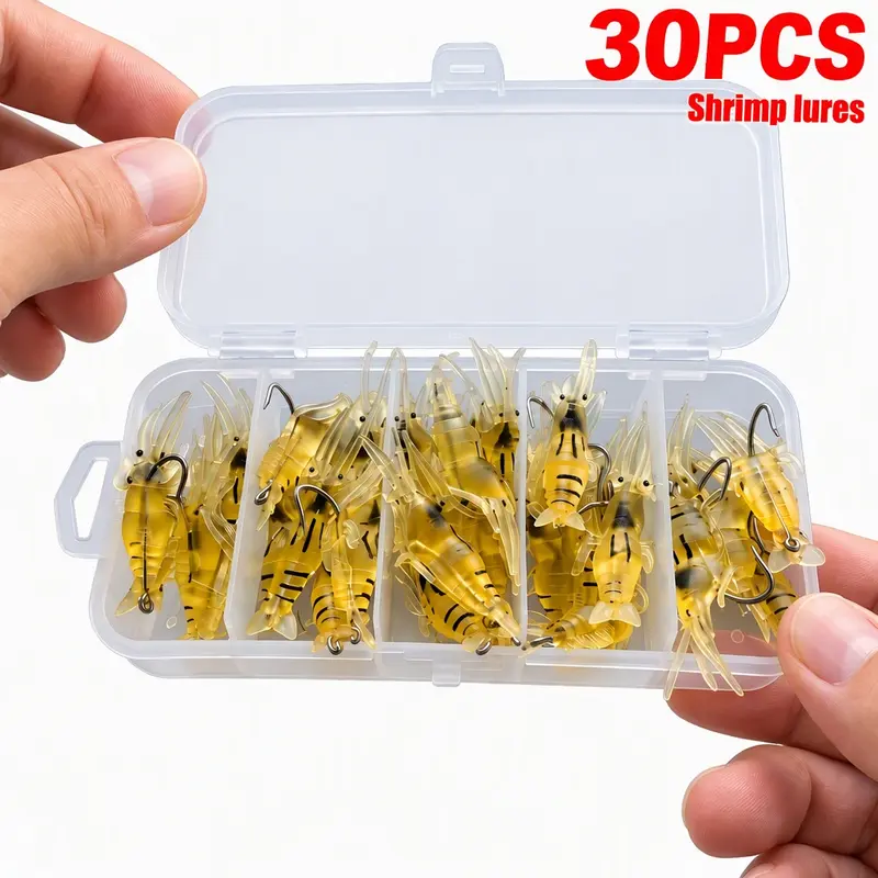 30Pcs Pre-Rigged Artificial Fishing Lure Set, 1.6" Bite-Size & 1.7" Micro Plastic Tiger Shrimp Baits with Tackle Box, Dependable Drop and Swim Action for Crappie Bass