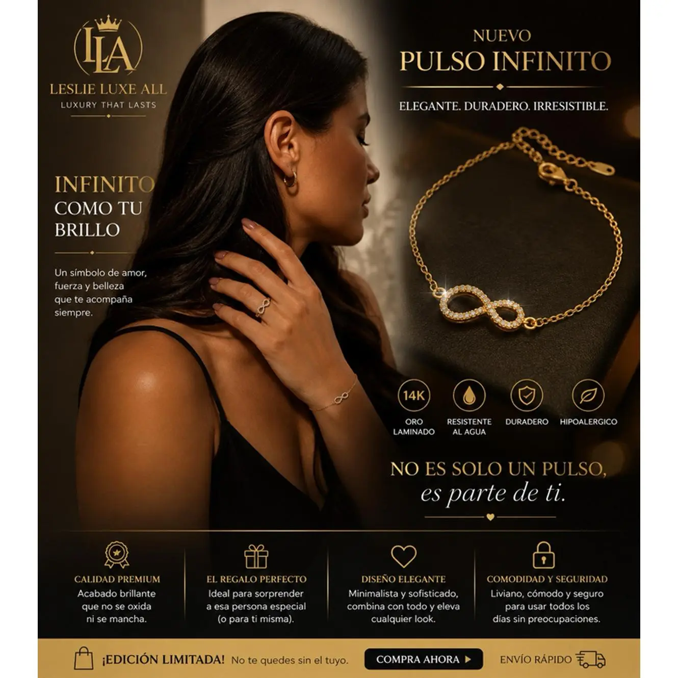 Leslie Luxe All Infinito Bracelet 14k Gold Plated Adjustable Elegance Durability Irresistible Design