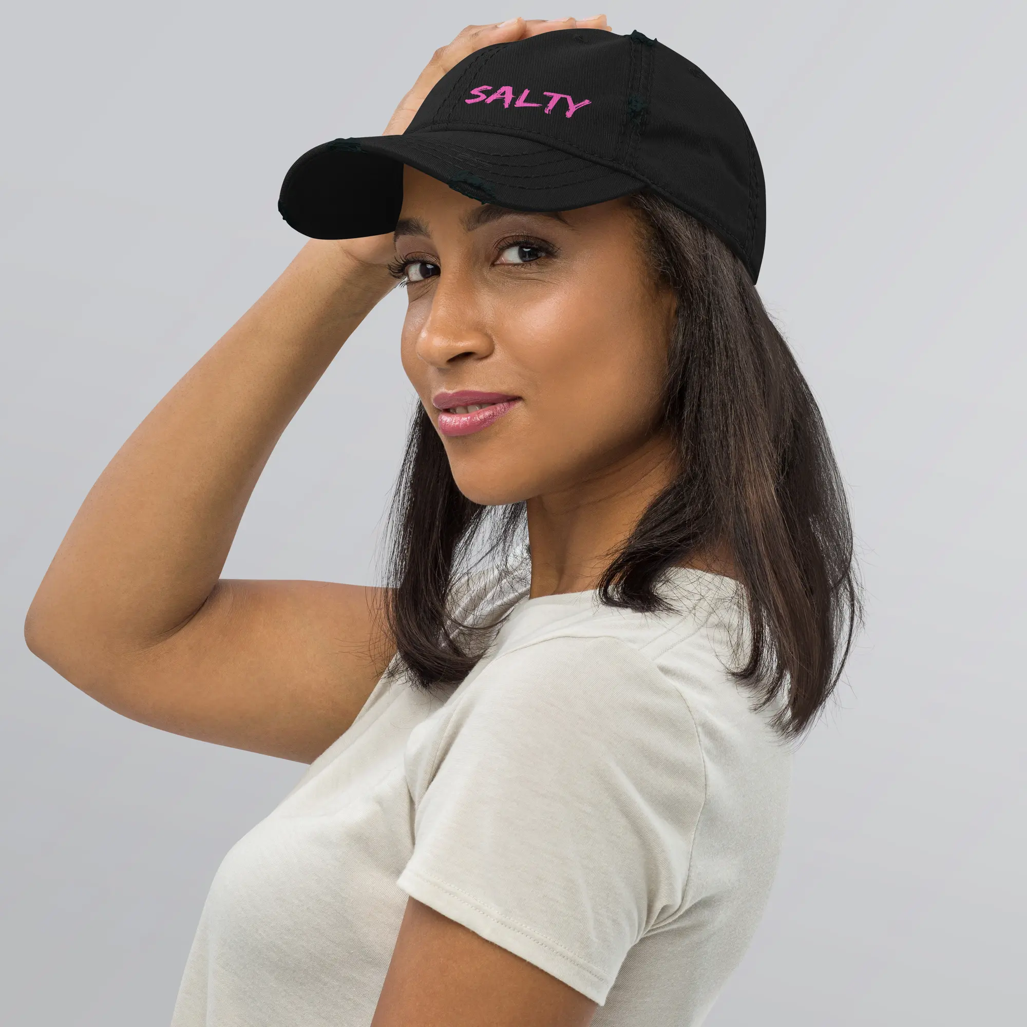 Salty Brand "SALTY" Distressed Hat - Pink Embroidered Text, Unstructured Low-Profile Cap, Adjustable Hook & Loop Closure, 100% Pre-Shrunk Cotton Twill, Sustainable Fashion