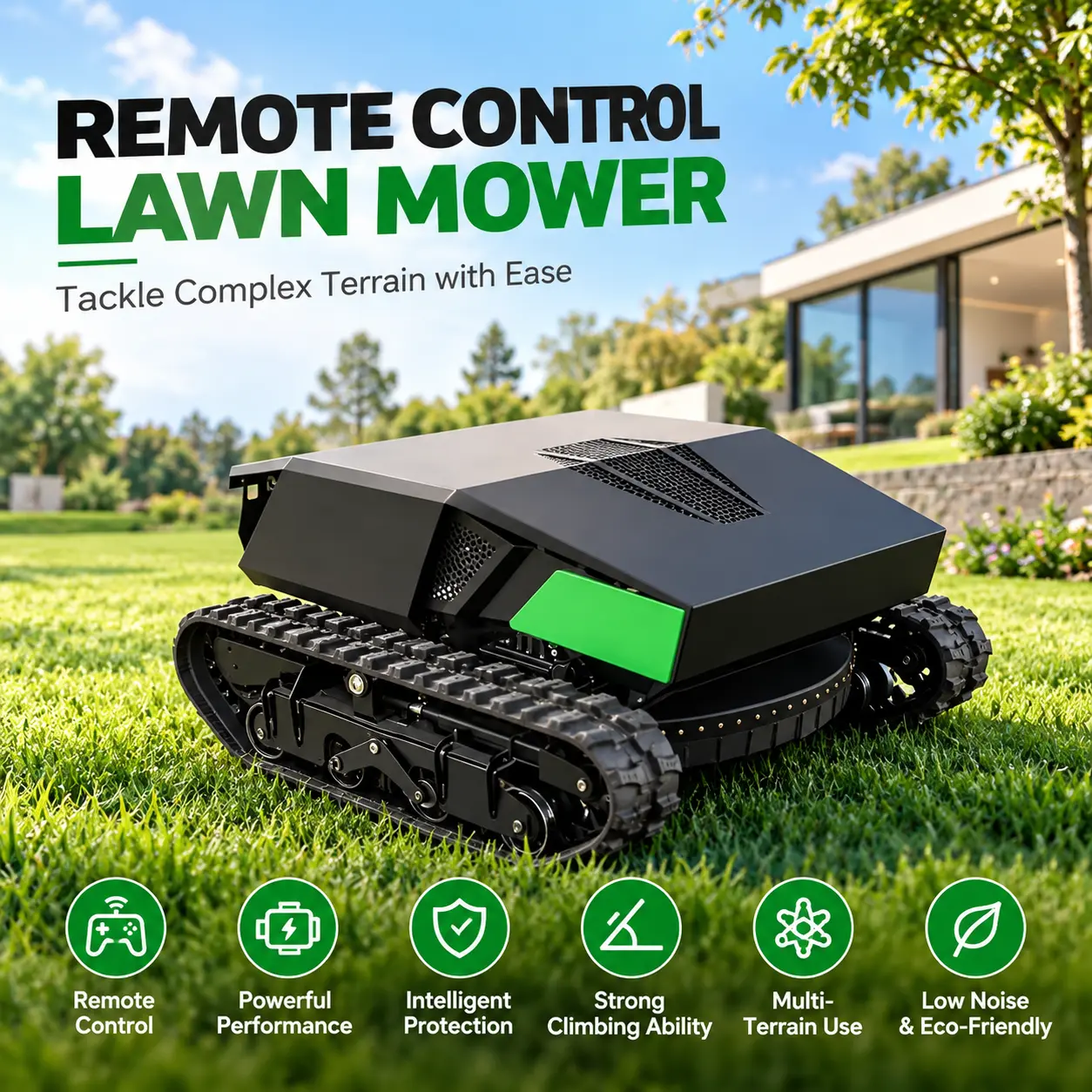 Remote Control Lawn Mower, Tracked Gas Powered Brush Cutter for Steep Slopes, Hillsides, Orchards and Large Lawns