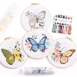 4 count of Embroidery Starter kit with Patterns and Instructions, DIY Adult Beginner Cross Stitch Kits, Including 2 Plastic Embroidery Hoop, 1 Pair of , Colored Threads and