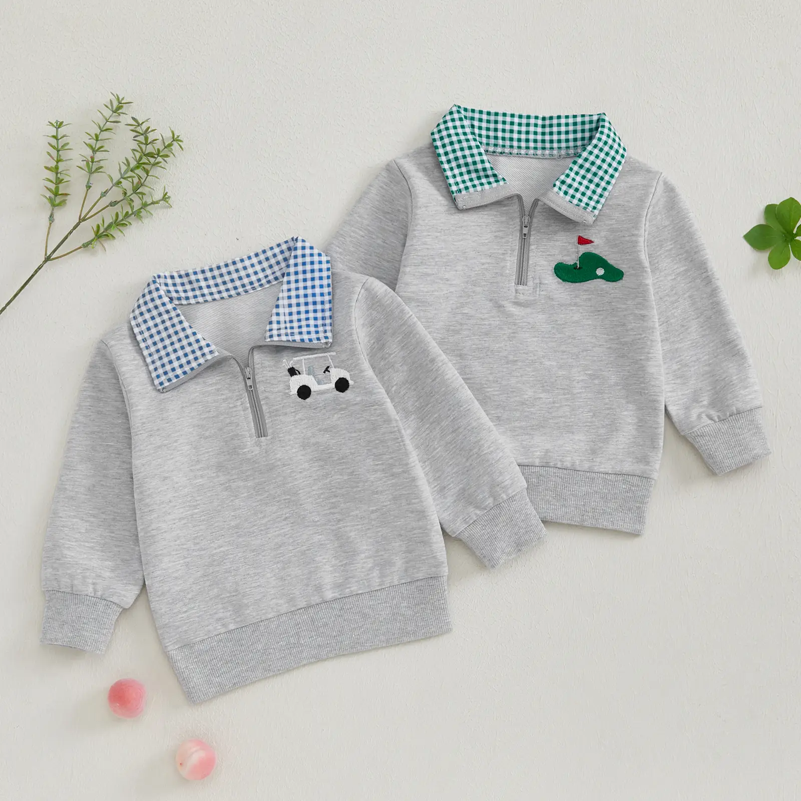 Toddler Baby Boy Golf Outfit Golf Flag/Cart Embroidery Quarter Zip Sweatshirt Plaid Lapel Long Sleeve Polo Shirt Top