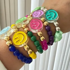 Smiley Face Chunky Bracelet Colorful Gold Beaded Jewelry for Women's Fashion Accessory