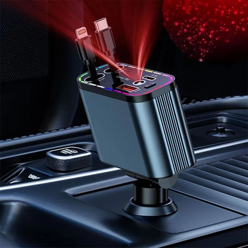 4-in-1 Retractable Light-Up Starlight LED Car Charger - Fast Charging Solution, Multiport Auto Accessory with 2 USB & USB-C QC Ports, Car Interior Accessory Phone Charging Hub for Mobile Phones