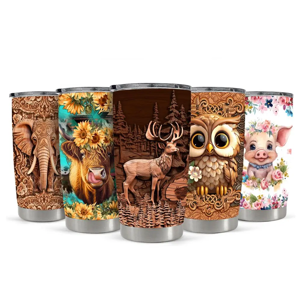 Animal Cartoon 20oz Tumbler with Lid, Stainless Steel Insulated Vacuum Portable Coffee Cup, Cup Holder Friendly Home Outdoor Christmas Gift