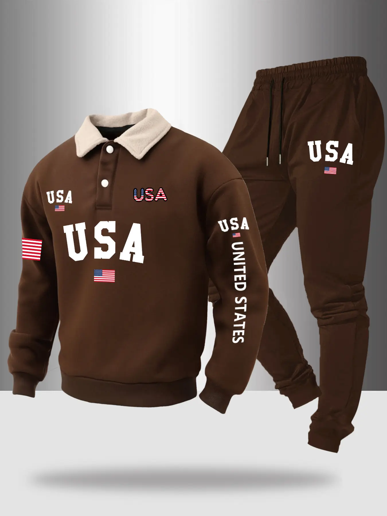 Men's Polo Neck Set Autumn Winter Letter Flag Print Fleece Half Button Sweatshirt + Drawstring Casual Sport Pants 2 Piece Set