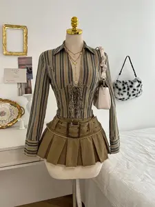 1 Piece Retro Striped Waist-Cinched Shirt Set | Euro-Hong Kong Style | Deep V Drawstring + Slim-Fit Silhouette | Elegant Pick for Daily Commute / Coffee Dates / Valentine's Day