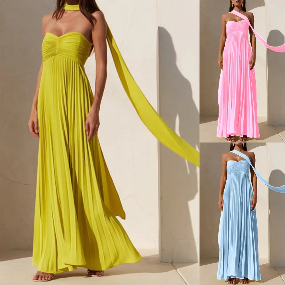 Women's Solid Ruched Strapless Dress, Backless Tube Dress with Choker, Pleated Bustier Bodycon  Dress Chartreuse Color Dress Brunch Dresses Line Dress Pleated Tube Backless Dress with Choker