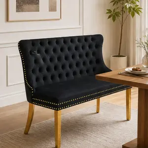 ARCH Velvet Double Dining Loveseat Bench 2-Seat Tufted Bench with Handmade Buttons Wing Back Gold-Plated Steel Legs Mid Century Modern for Kitchen Dining Room Multiple Color Options Single Pack, Beige/Black/Blue/Gray Color Options