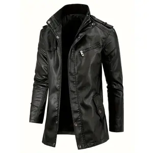 Men's cool PU leather jacket, casual street style stand-up collar coat with zippered pockets