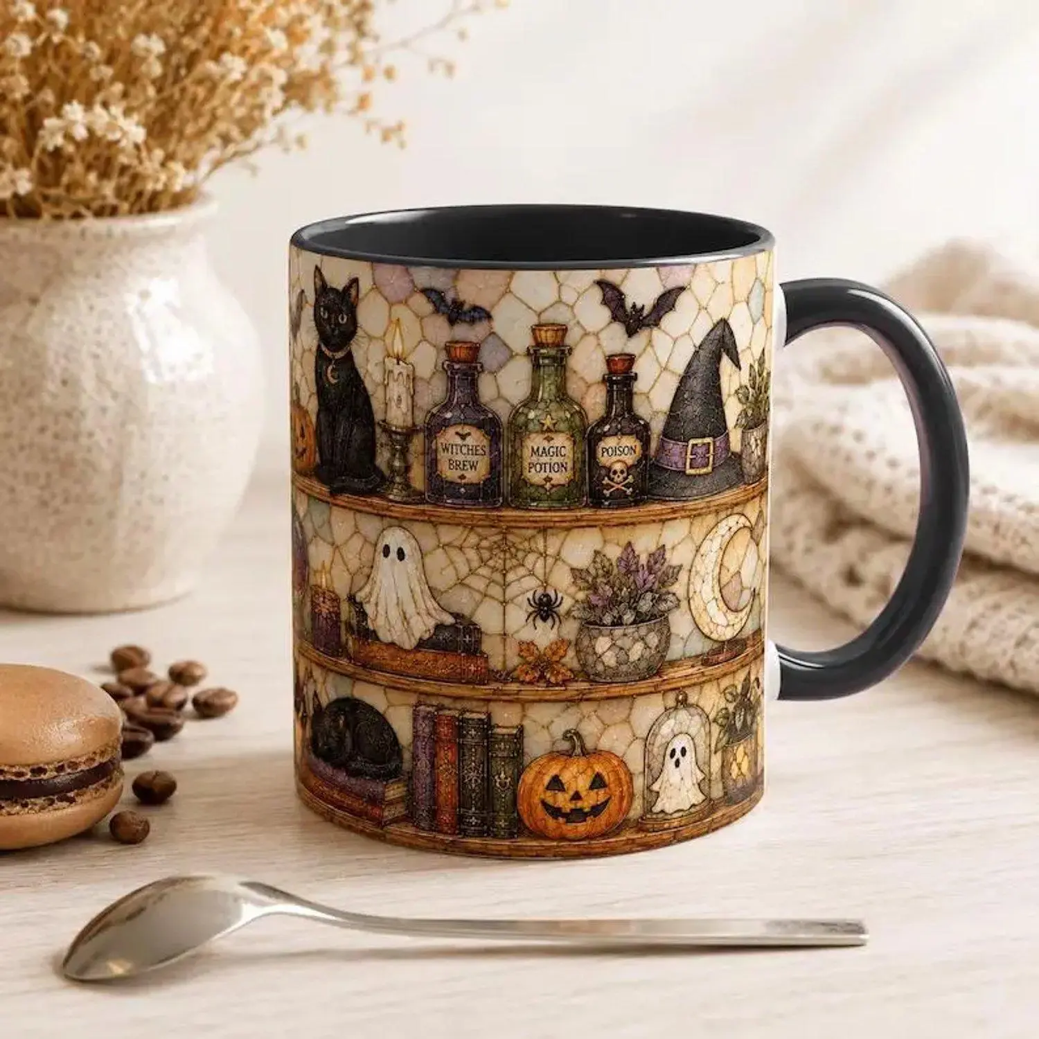 Halloween Cat Bookshelf Stained Glass Witchy Coffee Cup Dark Academia Ceramic Mug Halloween Gifts Christmas Gifts Ceramic Drinkware Stylish Unique Design
