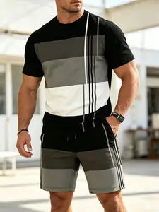 Men's Colorblock Striped Patchwork Round Neck Short Sleeve T-Shirt and Shorts Set, Summer Casual Street Style Sport Two-Piece, Fitted Style Outfit Menswear