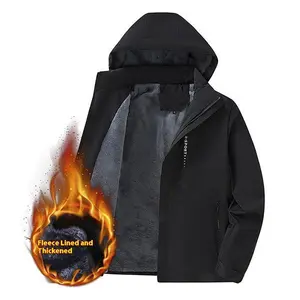 Men's Black Fleece Lined Hooded Jacket - Thickened Full Zip Up Winter Warm Outdoor Casual Coat