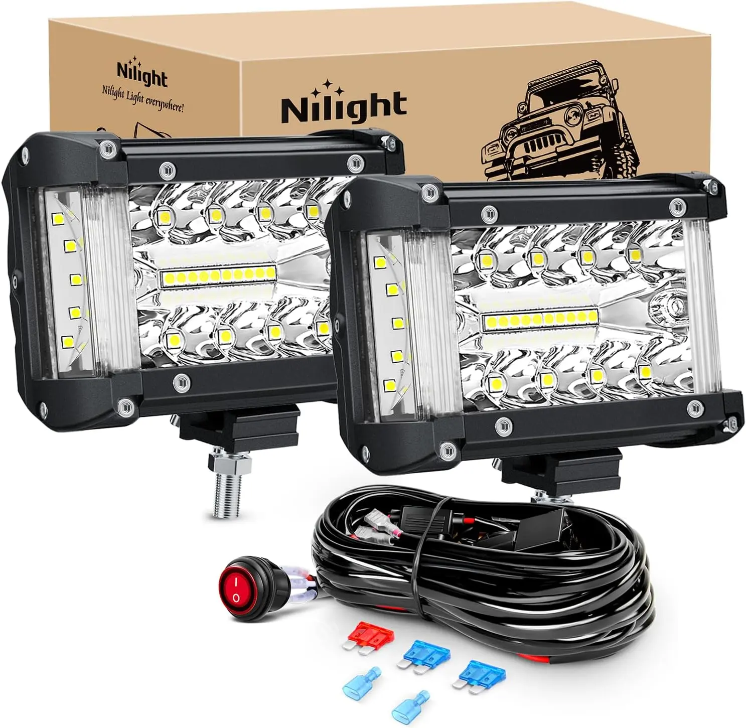 Nilight 2-Piece 4.3in Triple Row Side Shooter LED Light Bars - 5500 Lumens Spot-Flood Combo Work Lights, Aluminum Alloy Construction, Wiring Harness Kit Included, Off-Road SUV Truck Aftermarket Accessories, Father's Day Gift, Led Lights