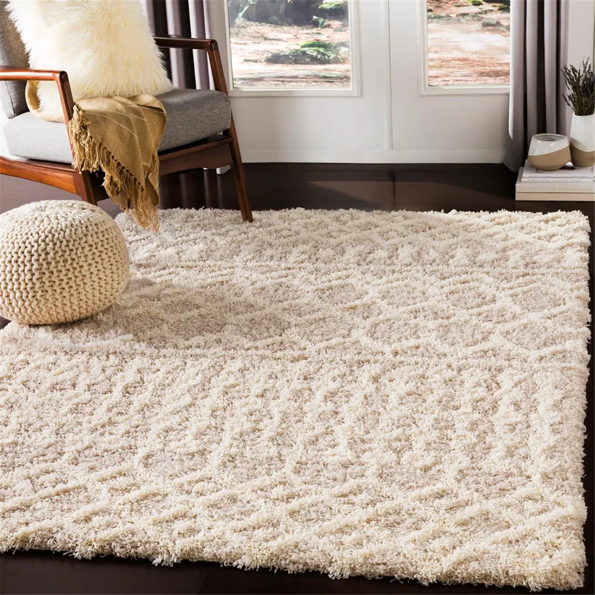 Livabliss USG2303-2773 Soft Indoor Machine-Woven Urban Shag Rug - Cream & Beige, Eclectic Charm, Global-Inspired Plush Woven Texture, Available in 2'7"x7'3" and 2'x2'11" Sizes