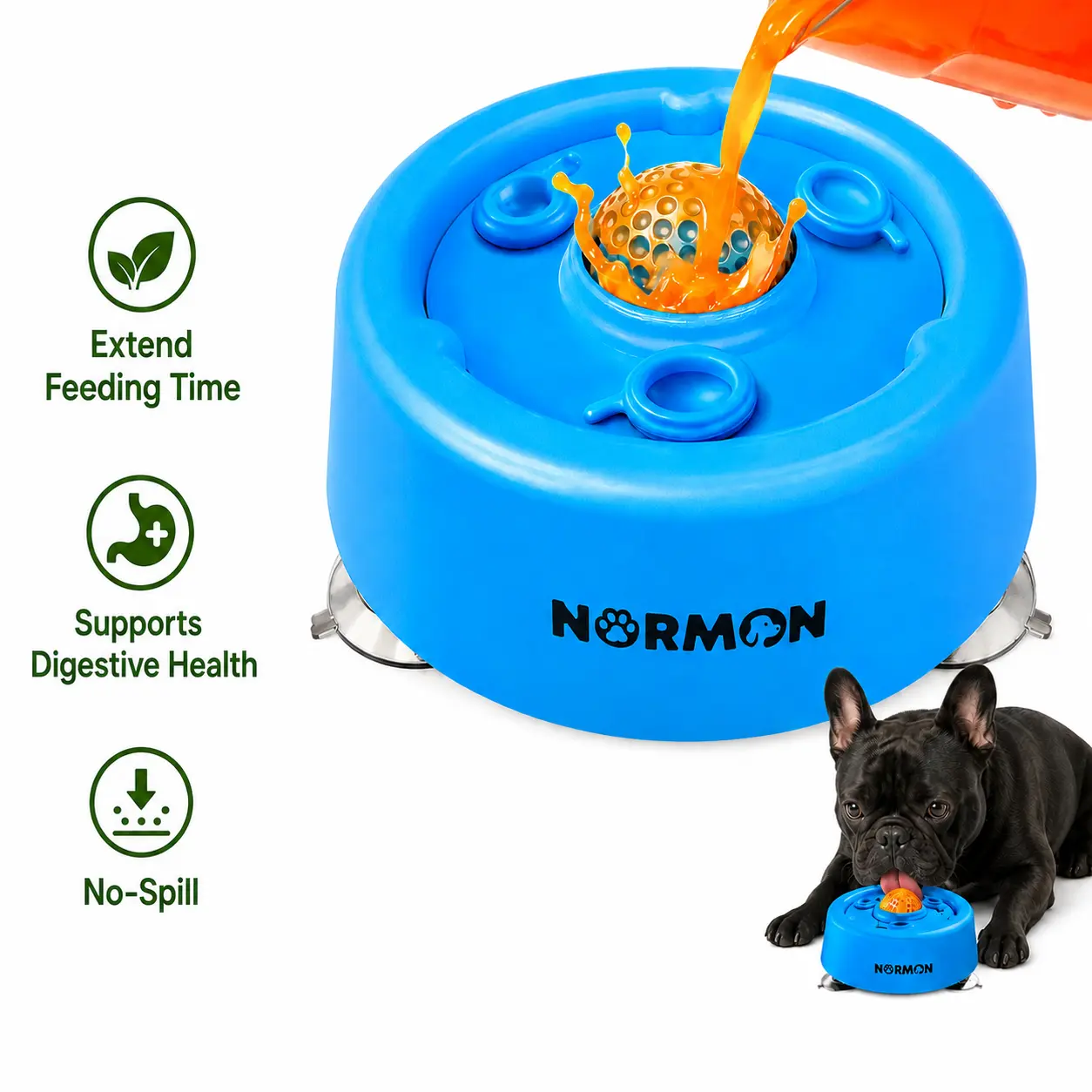 Normon Slow Feeder Dog Bowl with Suction Base, No-Spill Dog Lick Bowl for Bone Broth, Yogurt & Liquid Treats, Rolling Ball Pet Feeding Bowl for Puppies, Small Medium Large Dogs