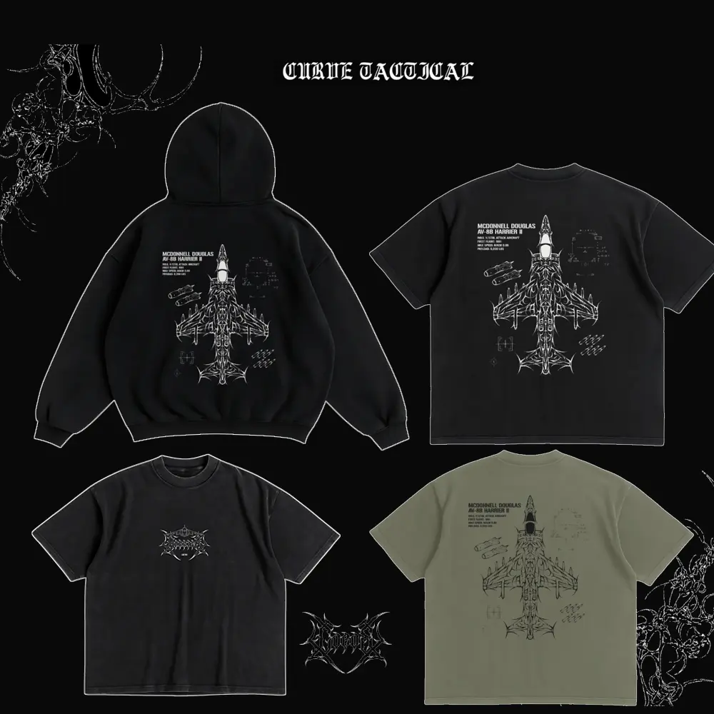 Curve Tactical AV-8B Harrier II Hoodie T-Shirt Men Women Oversized Streetwear Military Attack Aircraft Blueprint Graphic Print Vintage Washed Gothic Y2K Pullover Sweatshirt