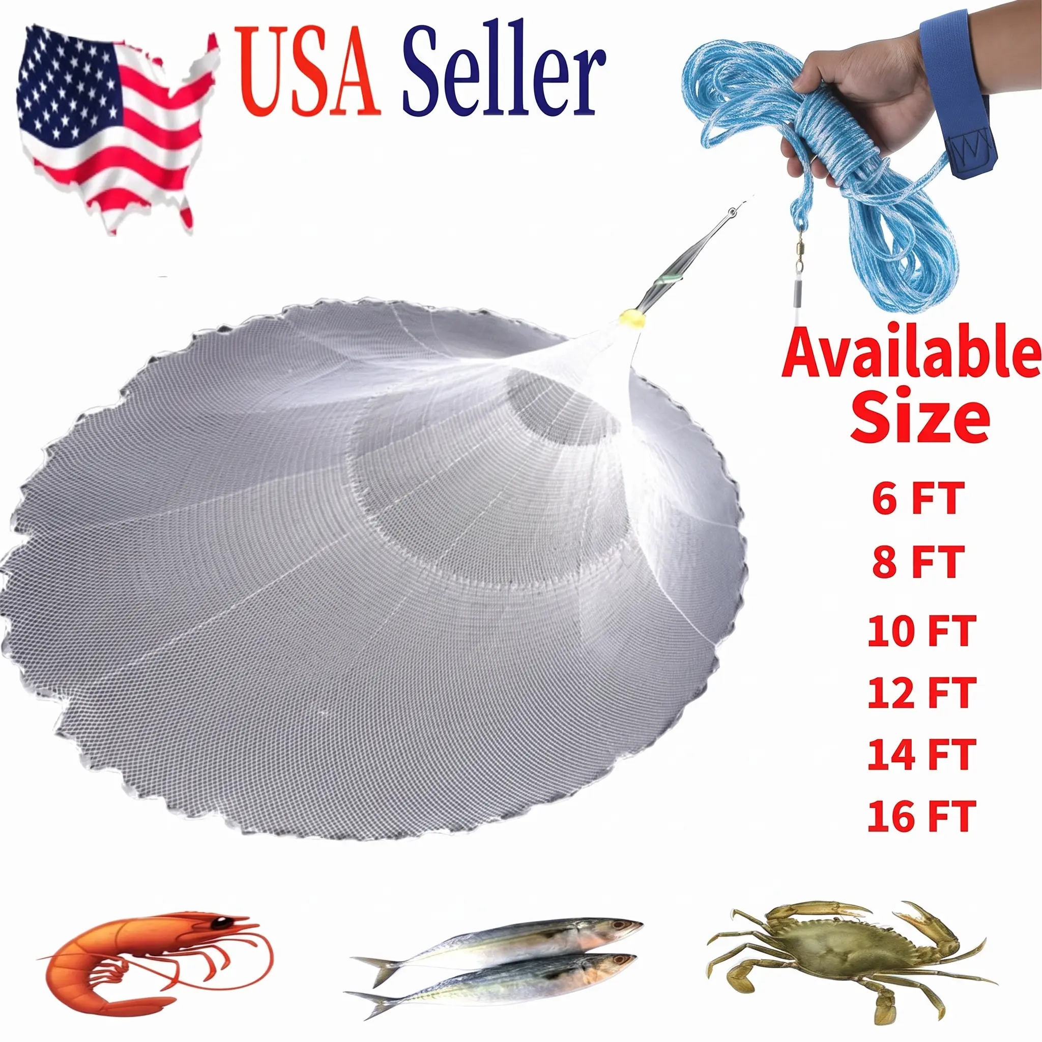 NEW 6/8/10/12/16FT Nylon Fishing Hand Cast Net Bait shrimp Easy