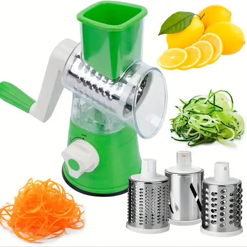 Rotary Cheese Grater 3-in-1 Multifunction Mandoline Slicer 3 changeable Blades, Easy Clean, for Fruit, Vegetables & Nuts Shredder Detachable