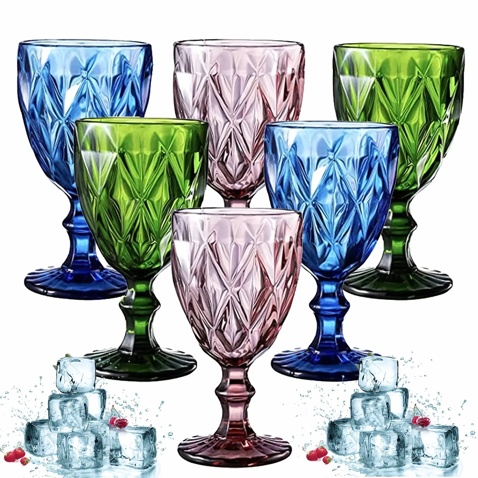 Set Of 6 Vintage Glass Goblets+Transparent Glass Cup, 10 Oz Multi Colored Stemware Wine Glasses Crystal Stemmed Drinking Glasses Cups Diamond Pattern Glassware Set For Party Wedding Bar Water Juice Beverage