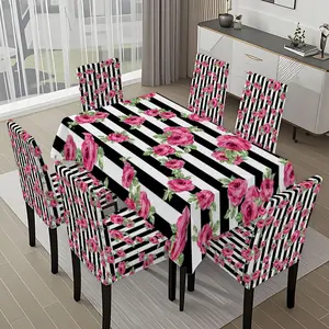 5/7-piece 2D Flat Printing Pink Flowers on Black and White Stripes Printing Pattern Tablecloth and Chair Cover Set, for dining table and chair decoration, perfect for home, holiday gatherings, restaurants, and parties.
