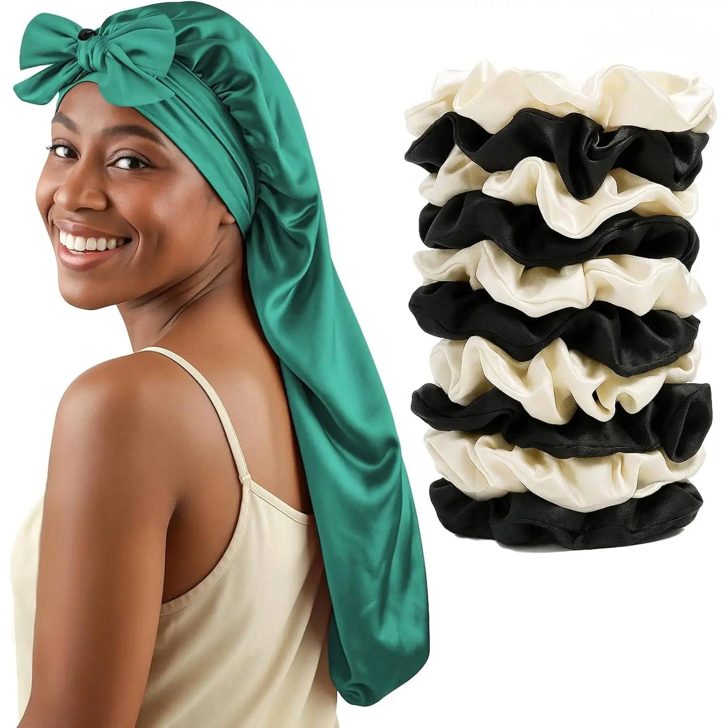 Long Tie Band Bonnet +10 PCS Scrunchies Pack for Women Girls, Satin Sleeping Cap & Hair Ties for Long Curly Braids Hair