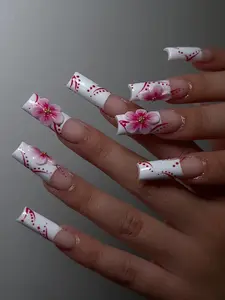 (MTO) Handcrafted Wearable Nail Art White French Nails with Red Dot 3D Pink Floral Fashion Hand Accessories