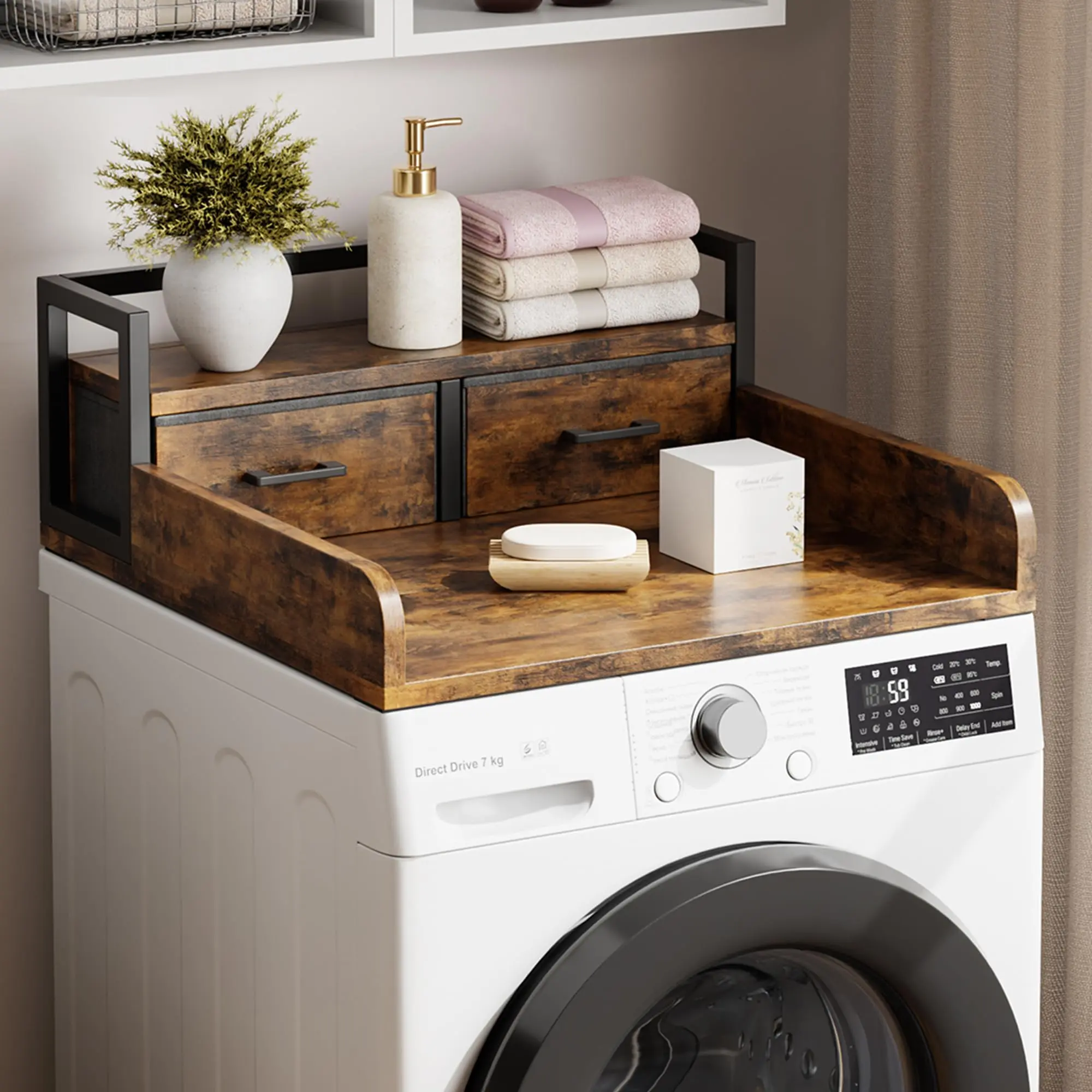 Space‑Saving Washer Dryer Countertop Organizer Shelf – 2 Drawers & Open Shelf with Guardrails, Anti‑Slip, Mark‑Resistant, Water‑Resistant – Utility Storage for Laundry Room or Bathroom