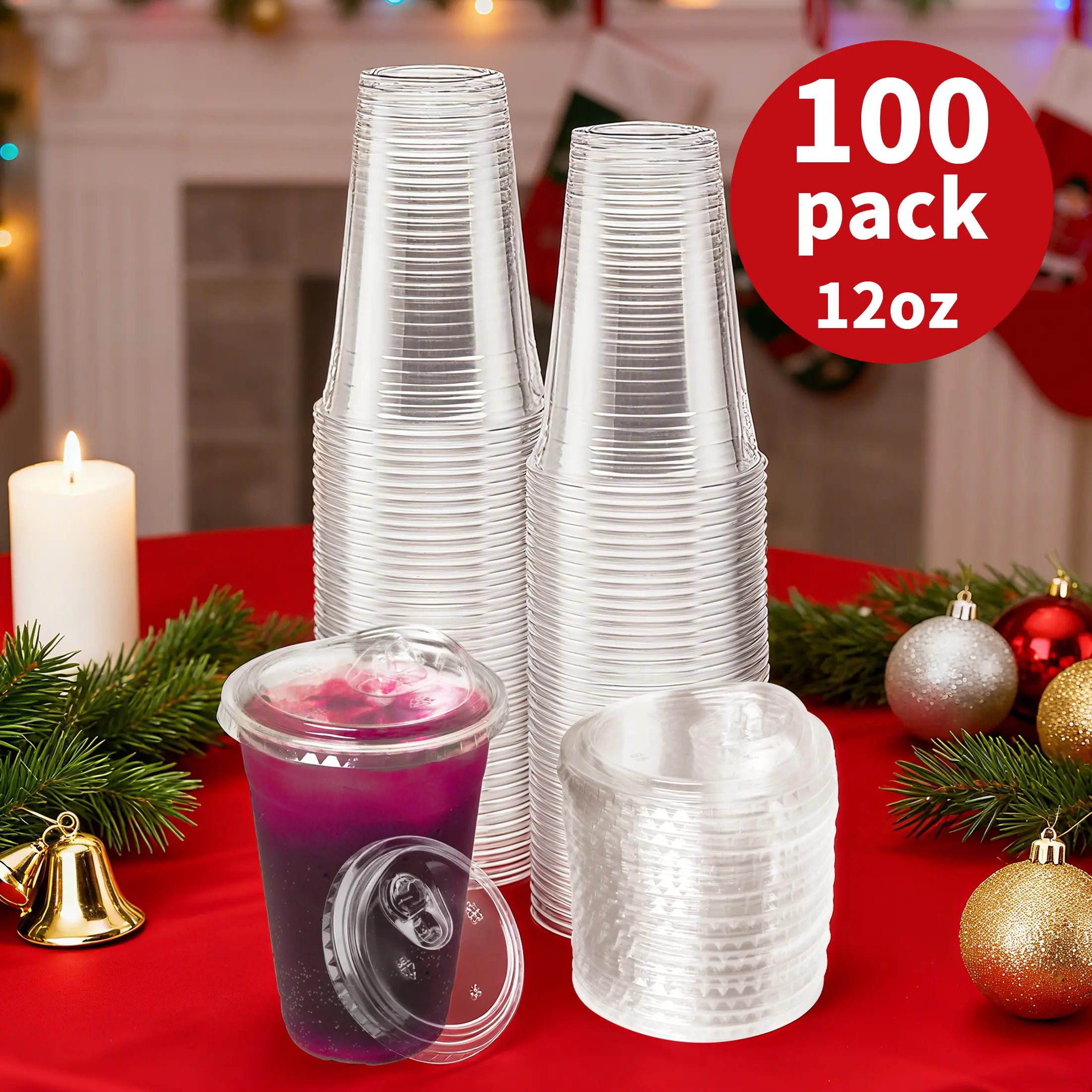 100-Set Bulk Pack Disposable Multi-Size Drinking Cups - Lightweight Transparent Food-Grade PET Plastic (12-24oz) with Leak-Proof Lids for Christmas Parties, Weddings, Party Use