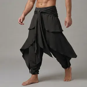 INCERUN Mens Baggy Pants - Japanese Fashion Mensfashion Streetwear Clothing, Unisex Samurai-Inspired Loose-Fitting Black Deconstructed Multi-Layer Wrap Pleated Drape Skirt-Pants for Streetwear, Stage Looks