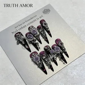 TRUTH AMOR Dark Gothic Purple Rose Skull Press On Nails | Black Purple Cat Eye 3D Metal Bedazzled Nail Kit Set | Removable Reusable Nail Kit for Alt Girl, Festival & Gothic Party#PressOnNails #NailKit #BedazzledKit #NailKitSet #GothicNails #AltGirlNail