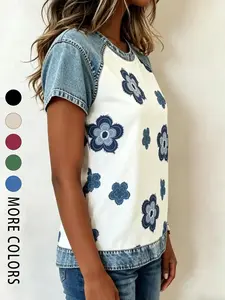 A women's fashionable and gentle casual denim patchwork contrasting short sleeved shirt with loose and slimming design suitable for summer home indoor and outdoor wear Denim Top