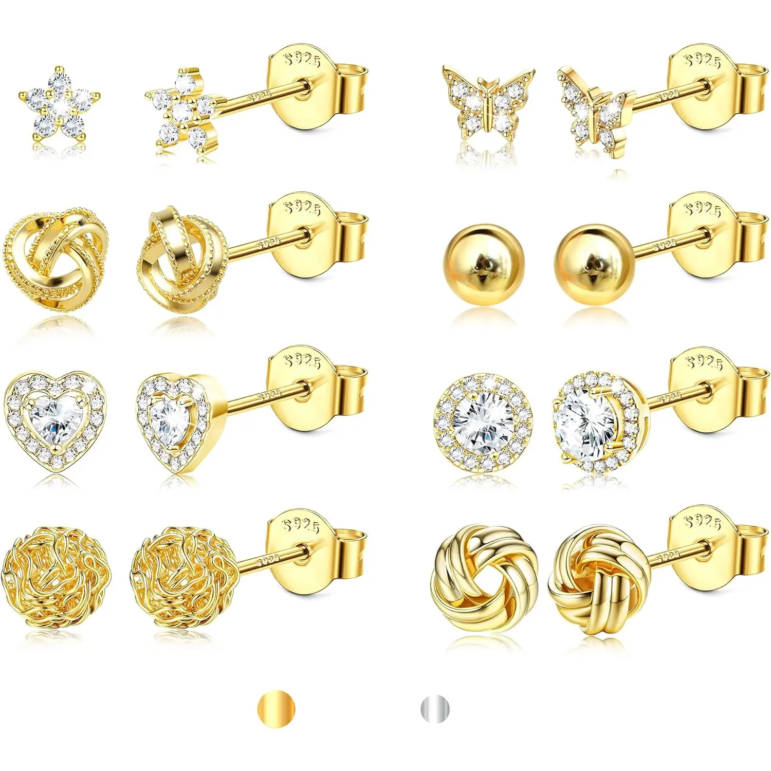 8 Pairs 925 Sterling Silver Hypoallergenic Earrings Stacks for Multiple Piercing 14K Gold Plated Small Stud Huggie Earring Set for Sensitive Ear Jewelry Gift, Daily Wear Women, Multiple Pairs, Earring Stack, Casual