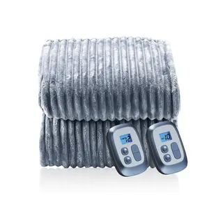 Heated Blanket Queen/Full Size Electric Blanket , Dual Control, Warming Striped Flannel with 10 Heating Levels & 1-12 Hours Auto Off, Machine Washable, Light Gray