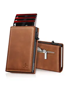 Men's Wallet with Zipper Coin Pocket, Automatic Pop-Out Metal Credit Card Holder, Minimalist RFID Blocking Business Card Wallet Gift